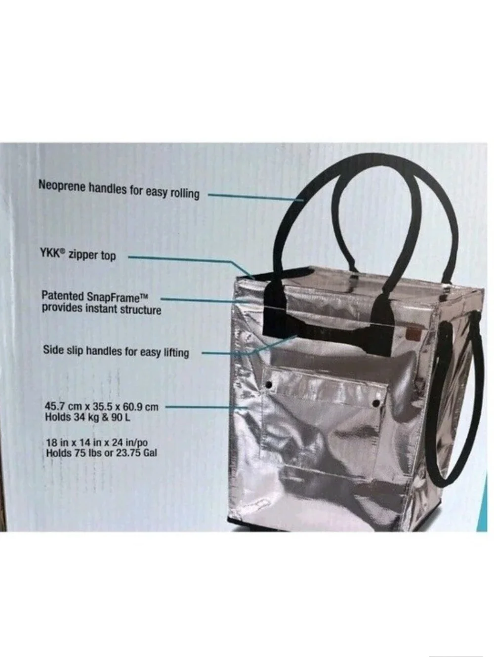 CleverMade Foldable Rolling Tote Bag 18"W x 24"H Soft Grip 90L 75lb Silver New - Picture 4 of 5